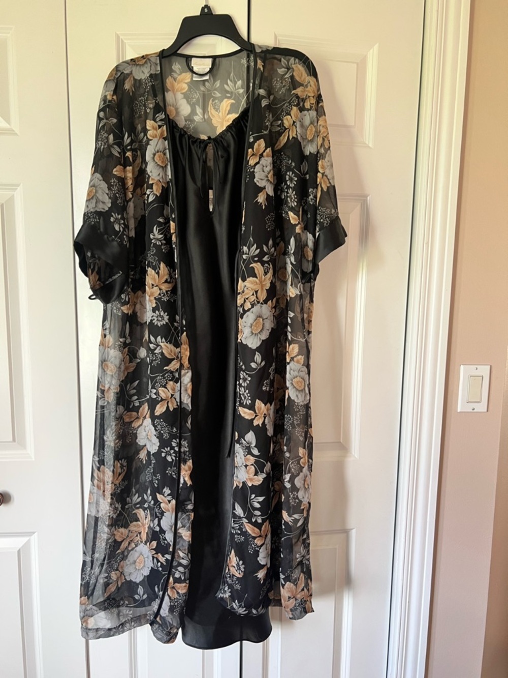 Secret Treasures Black Sheer Floral Kimono & black slip nightie